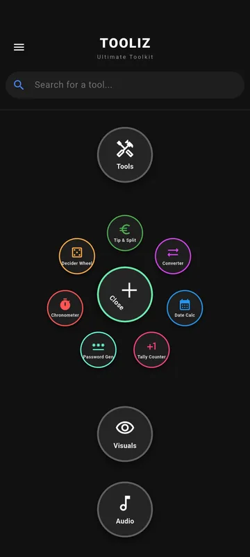 Tooliz screenshot: home screen with tool categories
