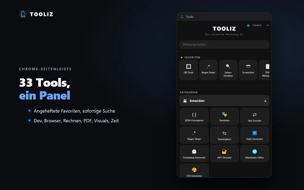 Tooliz im Browser: Startseite und Tool-Suche
