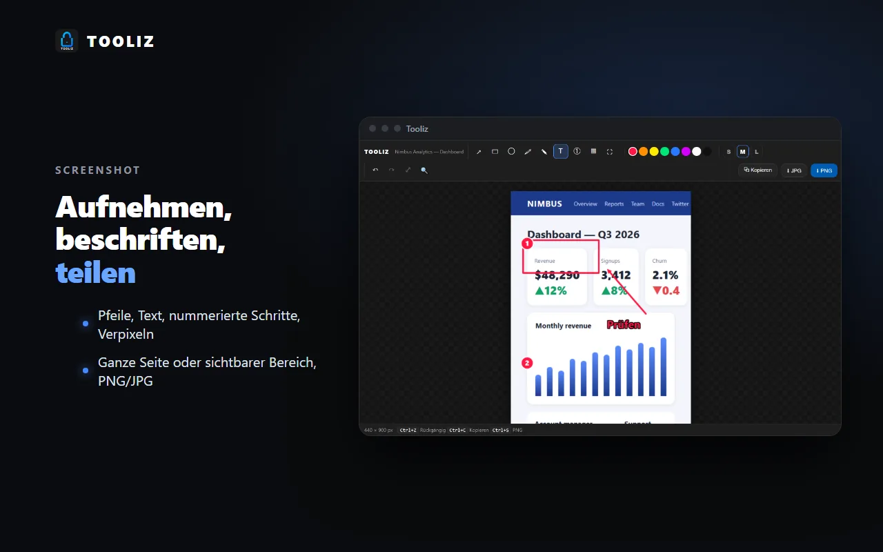 Tooliz im Browser: annotierter Screenshot