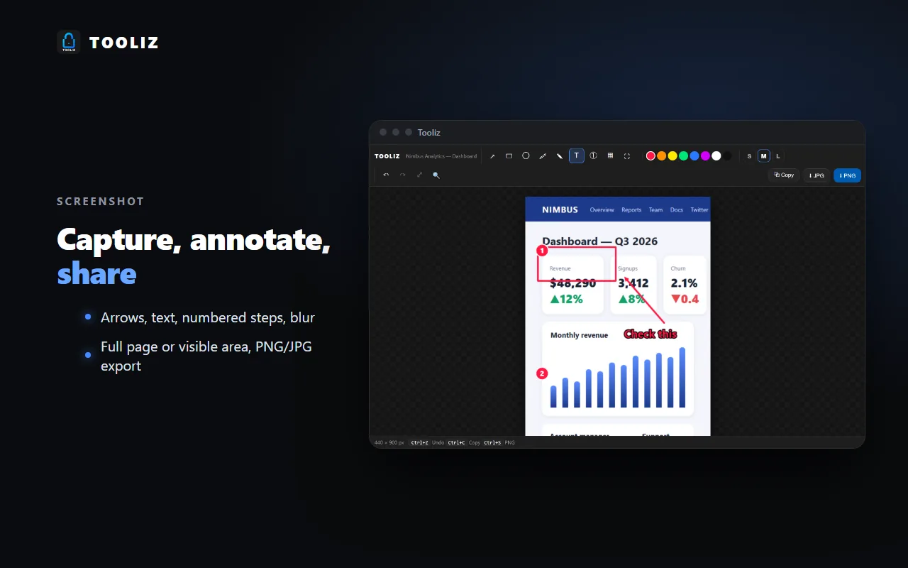 Tooliz in the browser: annotated screenshot