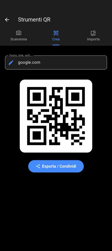 Screenshot di Tooliz: generatore di codici QR